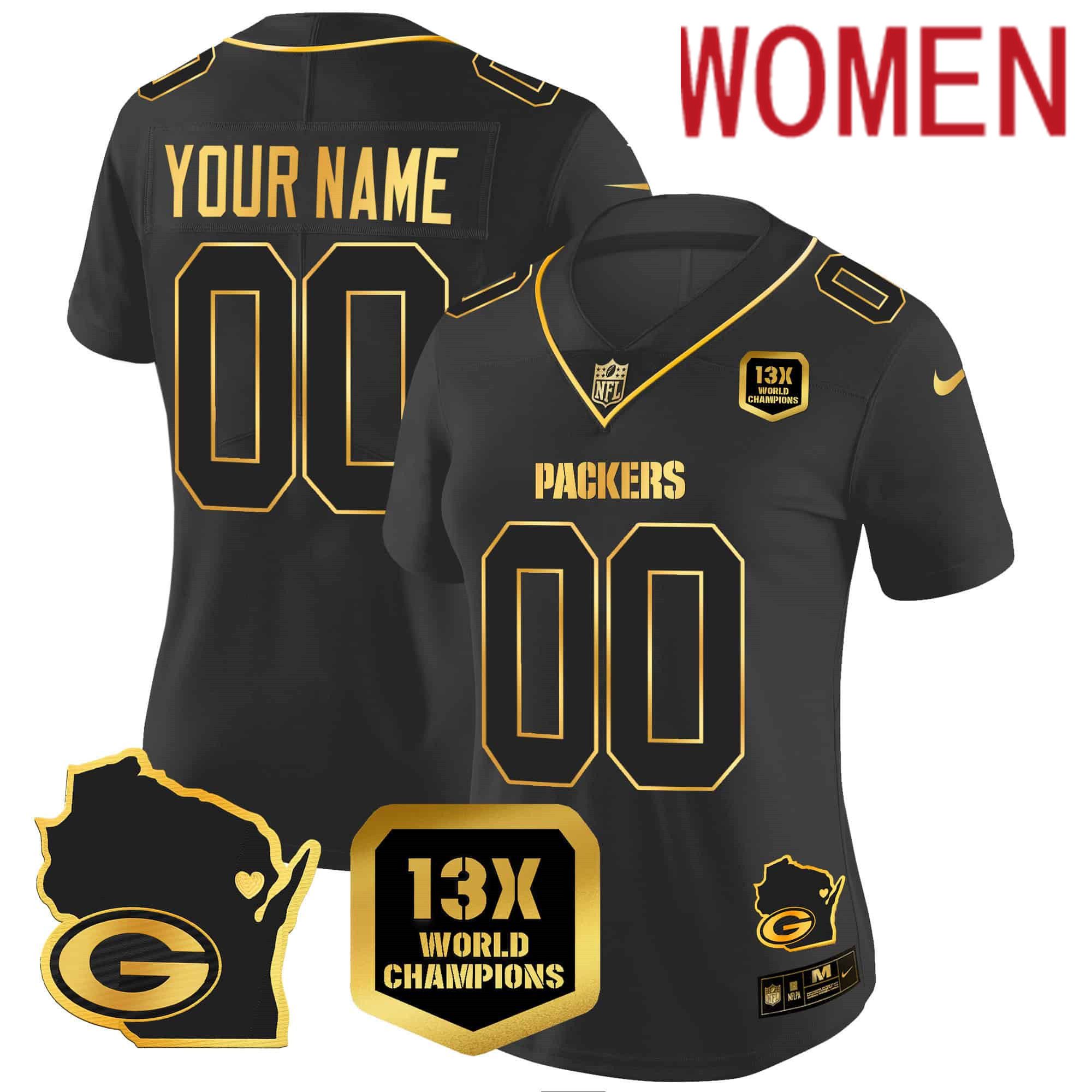 Women Green Bay Packers Black Gold 2024 Nike World Champions Home Patch Vapor Custom NFL Jersey style 2
